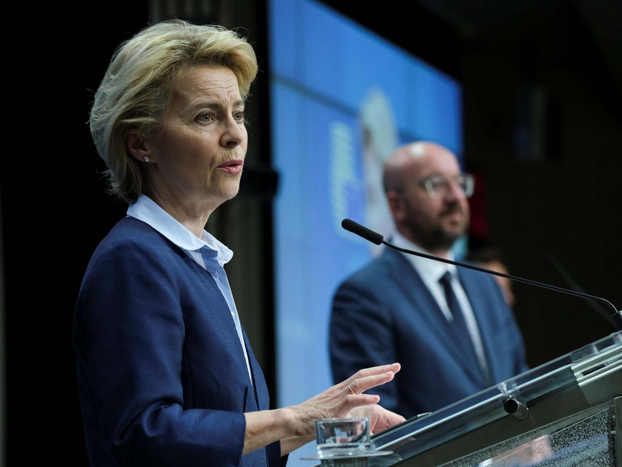 European Commission President Ursula Von Der Leyen and European Council President Charles Michel give a press conference following a video conferenced EU summit to discuss the measures to tackle the spread of the Covid-19 pandemic