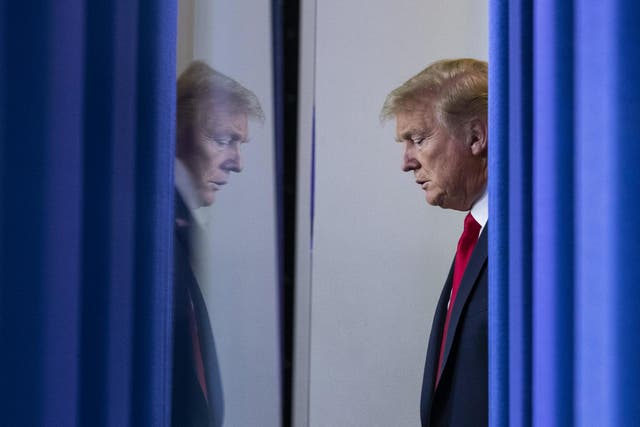 President Donald Trump arrives to speak about the coronavirus in the James Brady Press Briefing Room of the White House