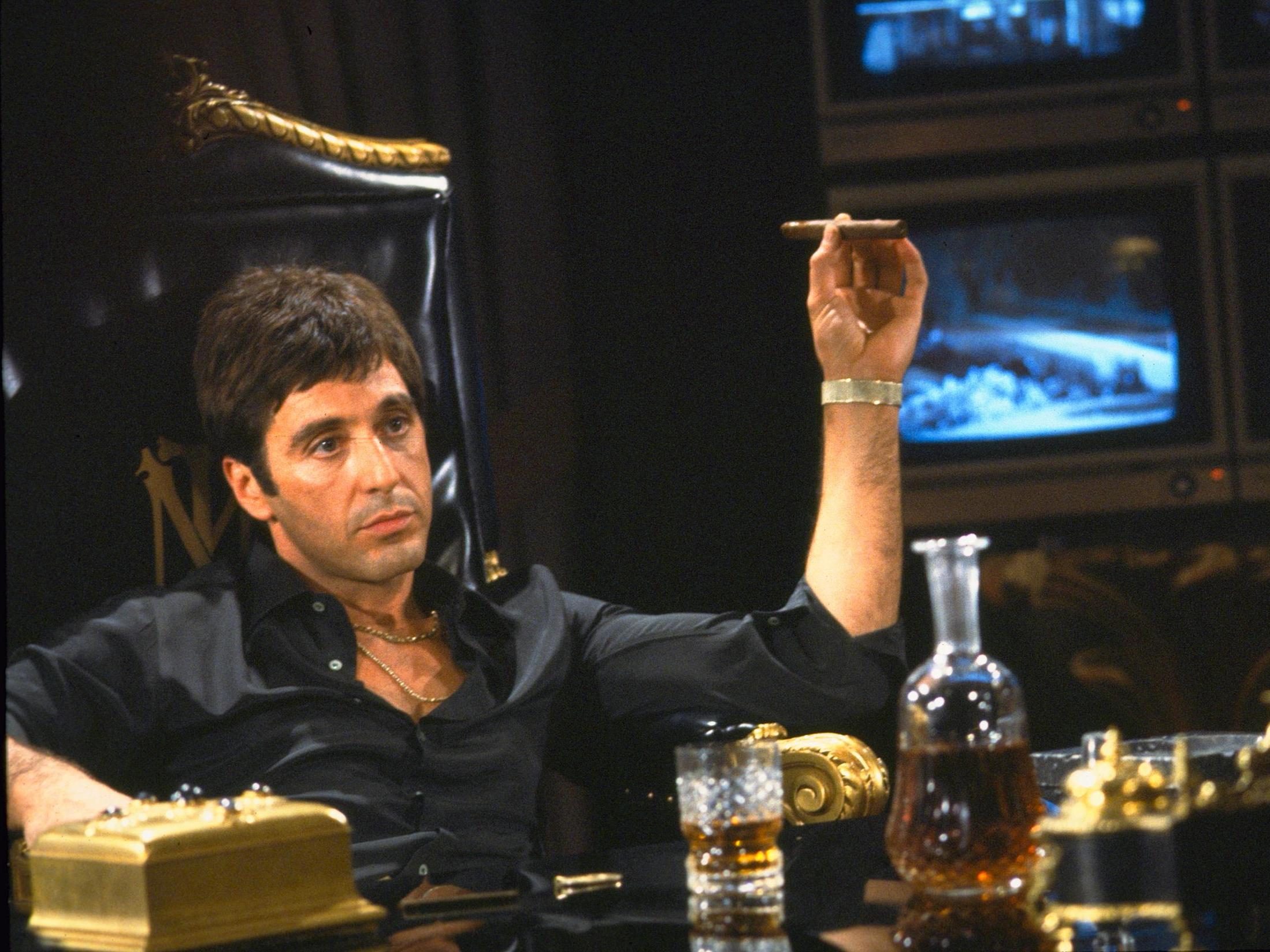 Pacino as cocaine addict Tony Montana in 1983’s ‘Scarface’, a decade after it looked like alcohol would kill off his career
