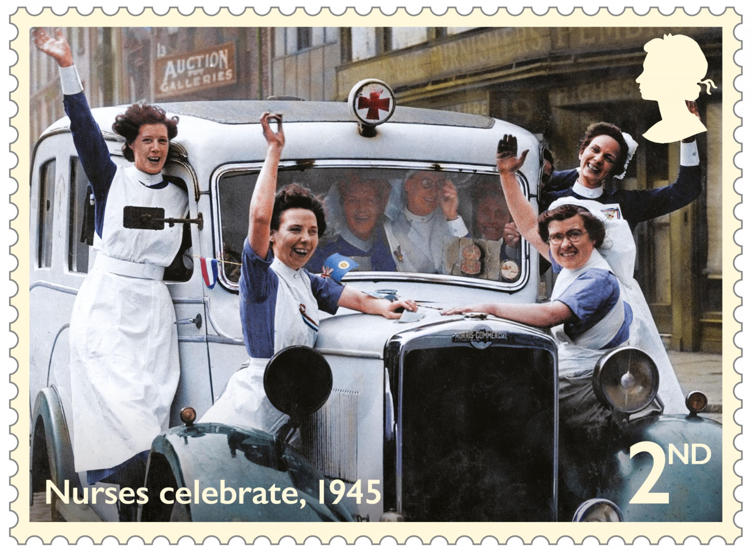 One of the stamps features a group of nurses celebrating VE Day in Liverpool