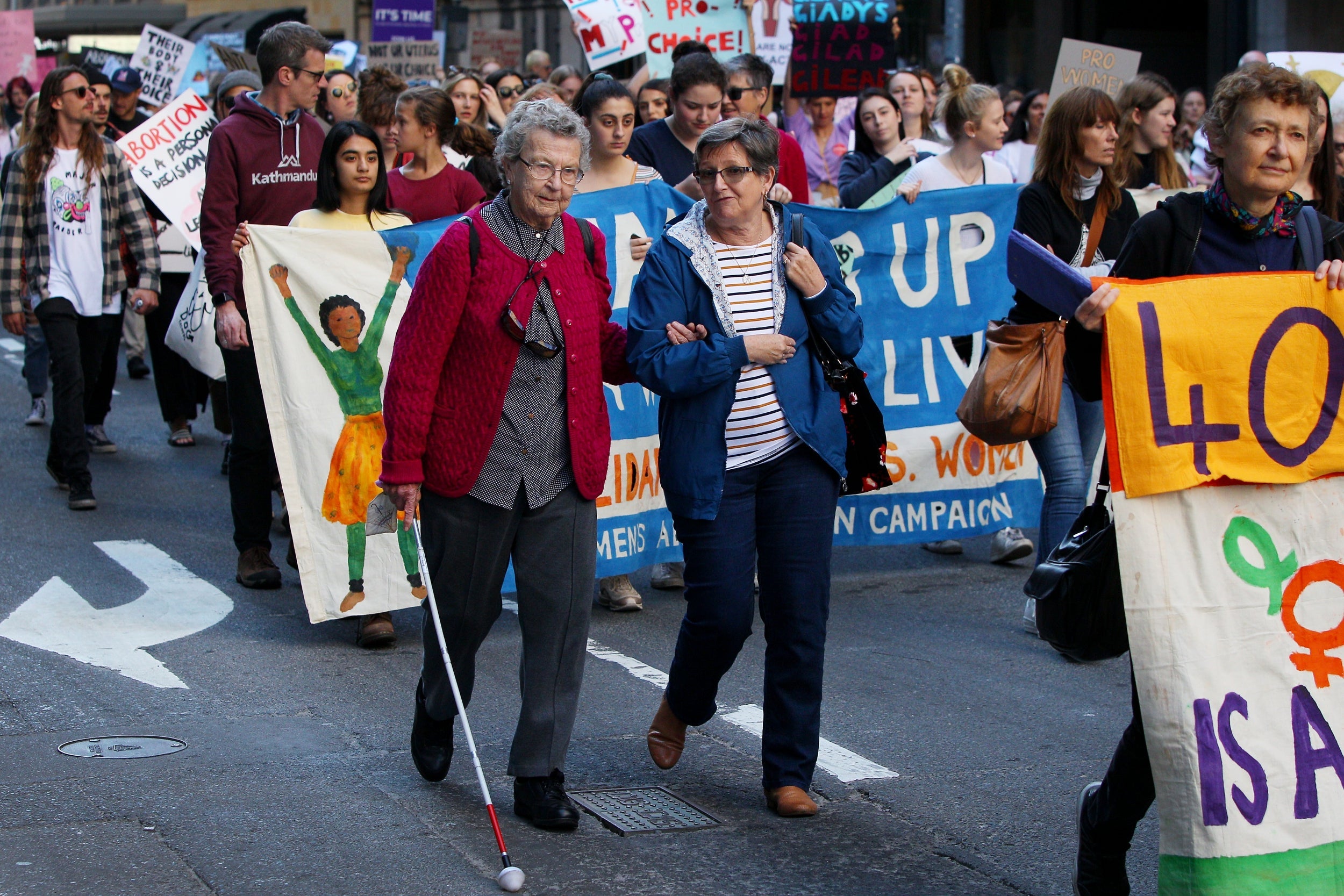 Elderly women march towards Sydney’s Town Hall during a rally for reproductive rights last year