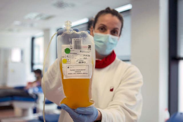 A bag of plasma donated by a patient who has recovered from Covid-19 in Barcelona, Spain