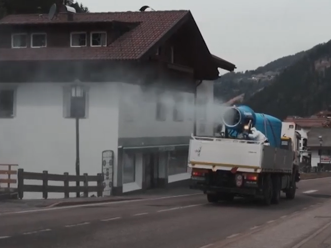 Coronavirus: Ski slope snow cannons used to spray disinfectant onto Italian streets