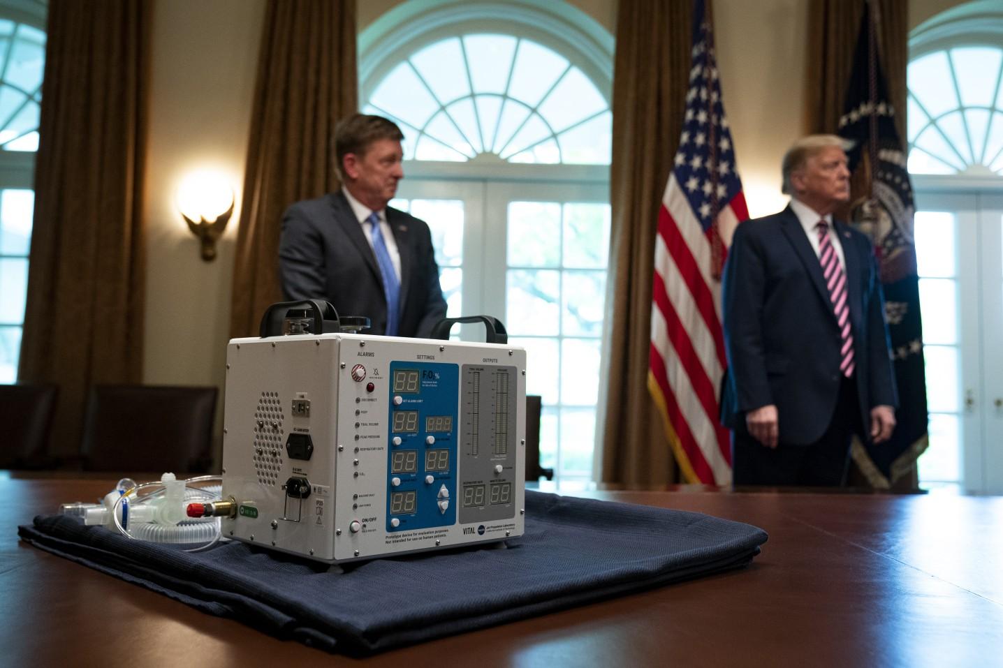 Ventilator, called VITAL, is seen during a Nasa presentation at the White House