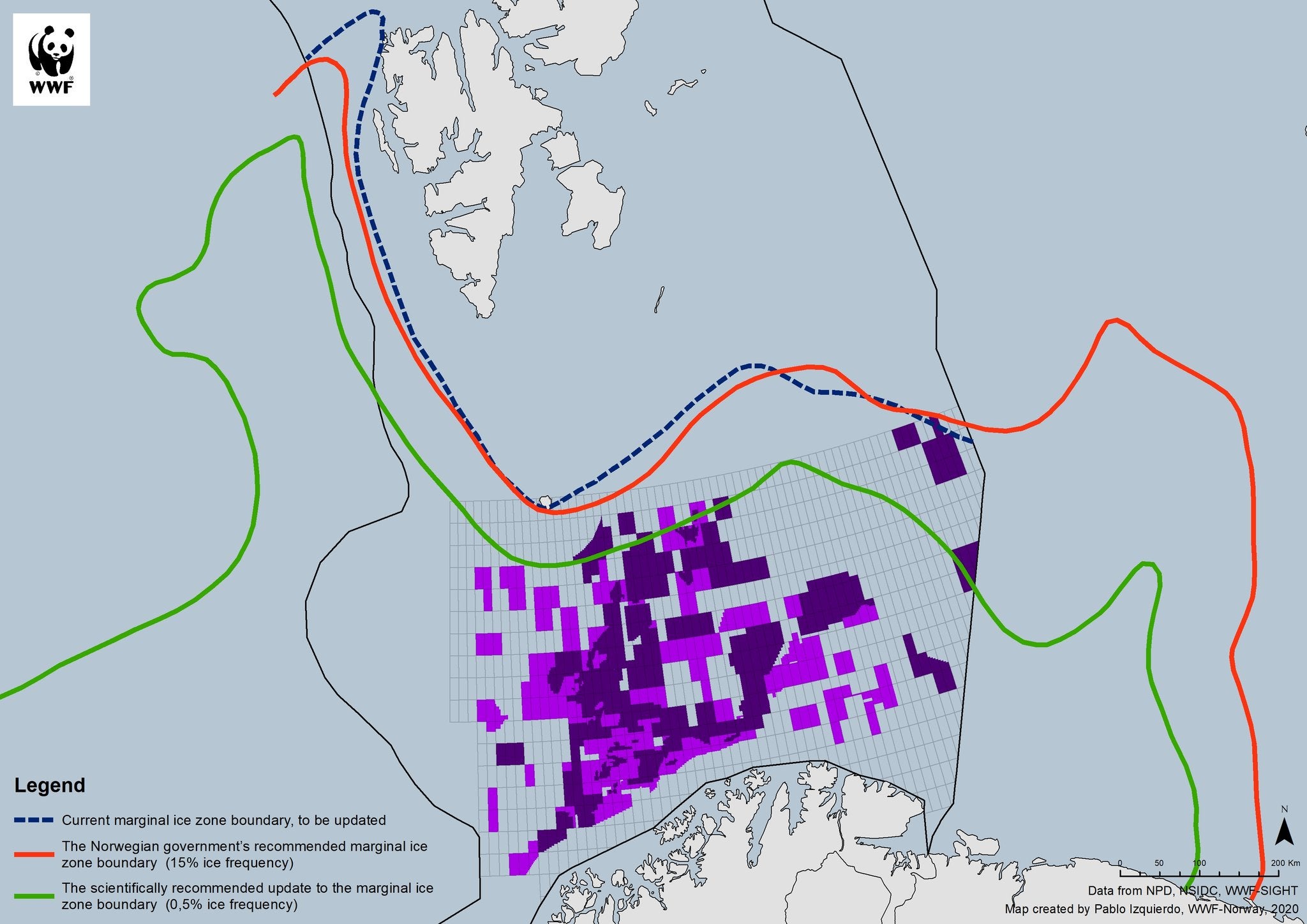 Graph shows current ice zone boundary (blue), the government’s proposal (blue), and recommendation of scientists (green). Purple blocks represent areas for which oil licenses have been granted