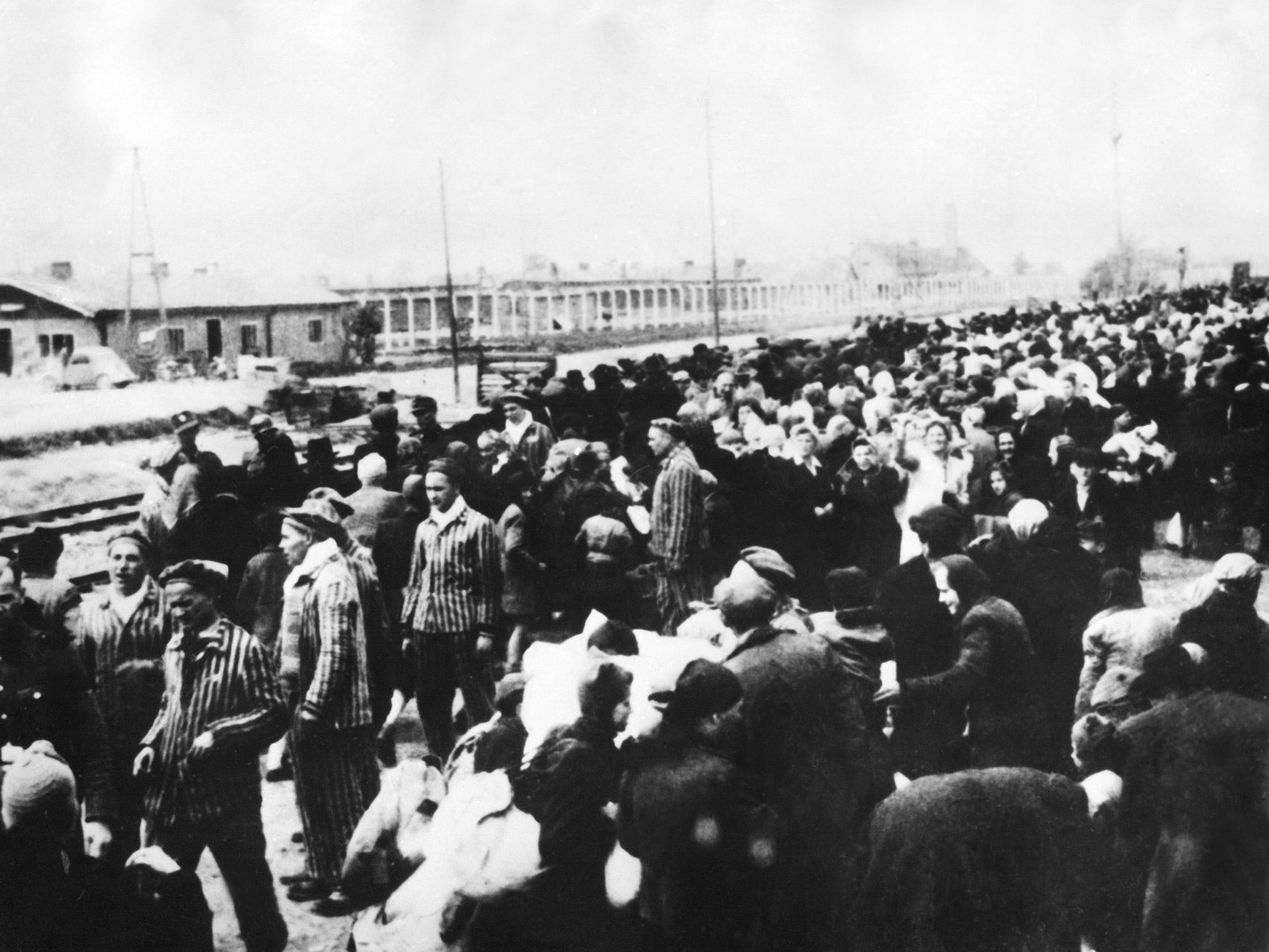 A convoy of Jews arrive at Auschwitz after an arduous journey. Here they face the selection process, which for many ends in the crematorium in the background