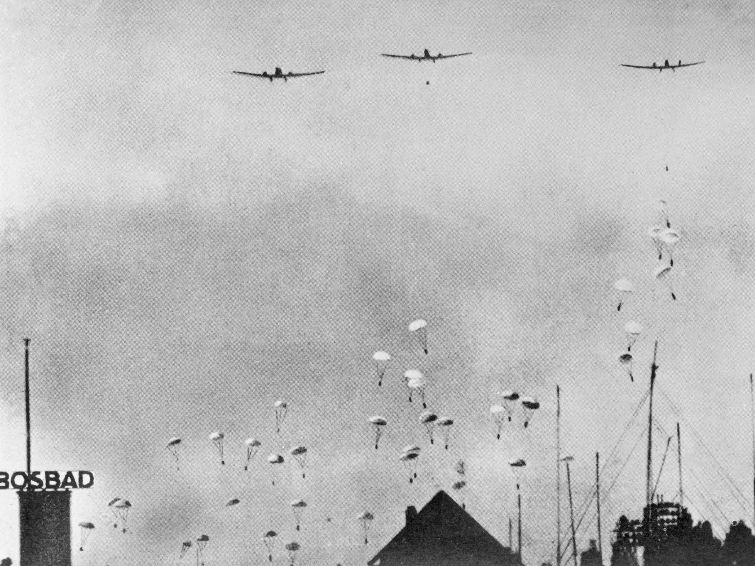 German parachutists drop on The Hague in the Netherlands during the Second World War