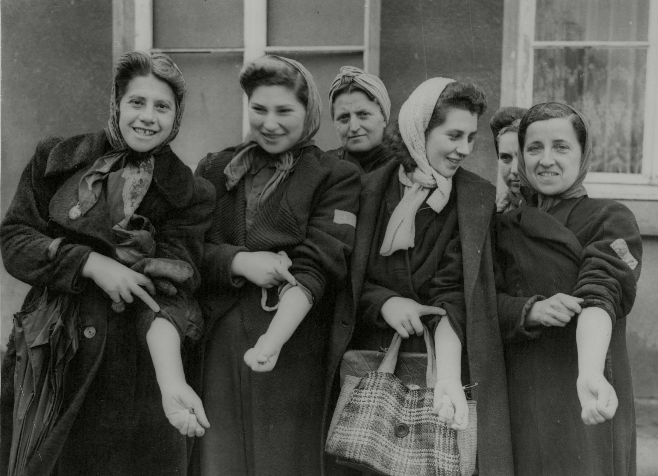 Jewish women liberated from a camp in Kaunitz, where they were forced by the Nazis to work in a German munition factory