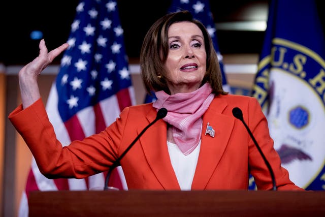 Nancy Pelosi gestures during a press conference on Capitol Hill during the coronavirus pandemic