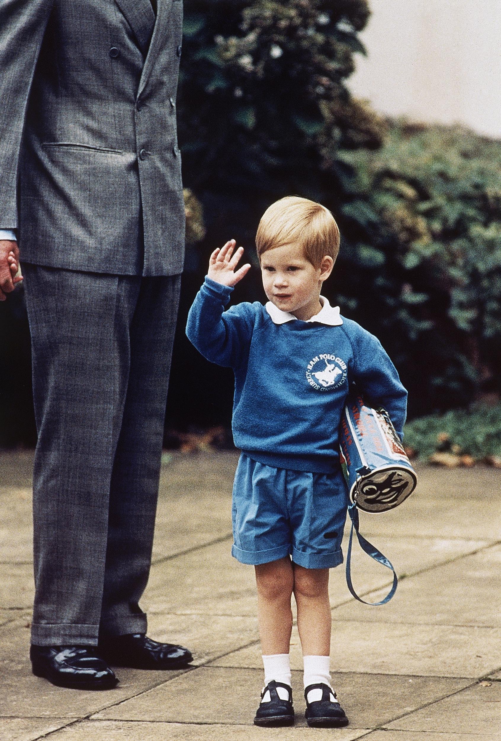 Duke pictured carrying a Thomas the Tank Engine bag on his first day attending nursery in 1987 (AP)