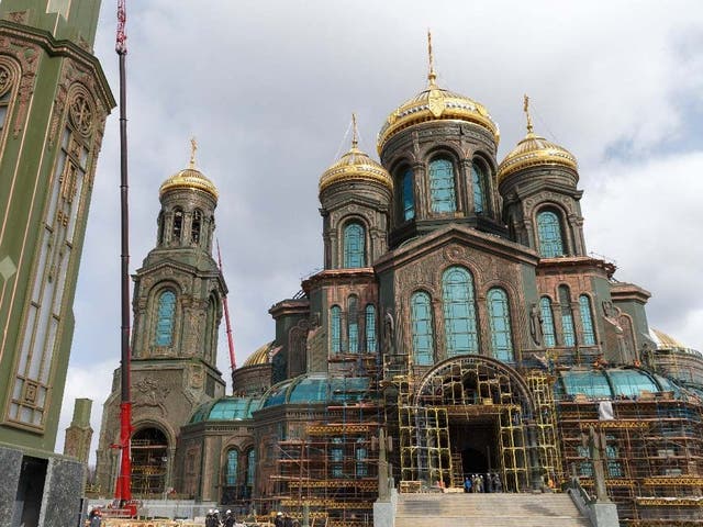 The Resurrection of Christ Cathedral, the main Russian Orthodox Cathedral of Russian Armed Forces, which is under construction in the Patriot Park outside Moscow, Russia, 22 April 2020.