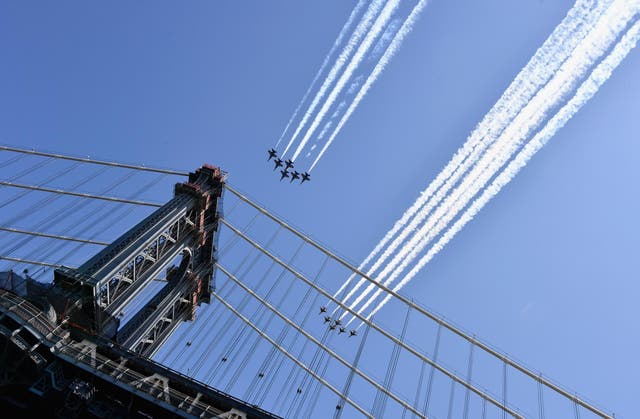 The Blue Angels and Thunderbirds fly over New York in a salute to health care workers on 28 April, 2020