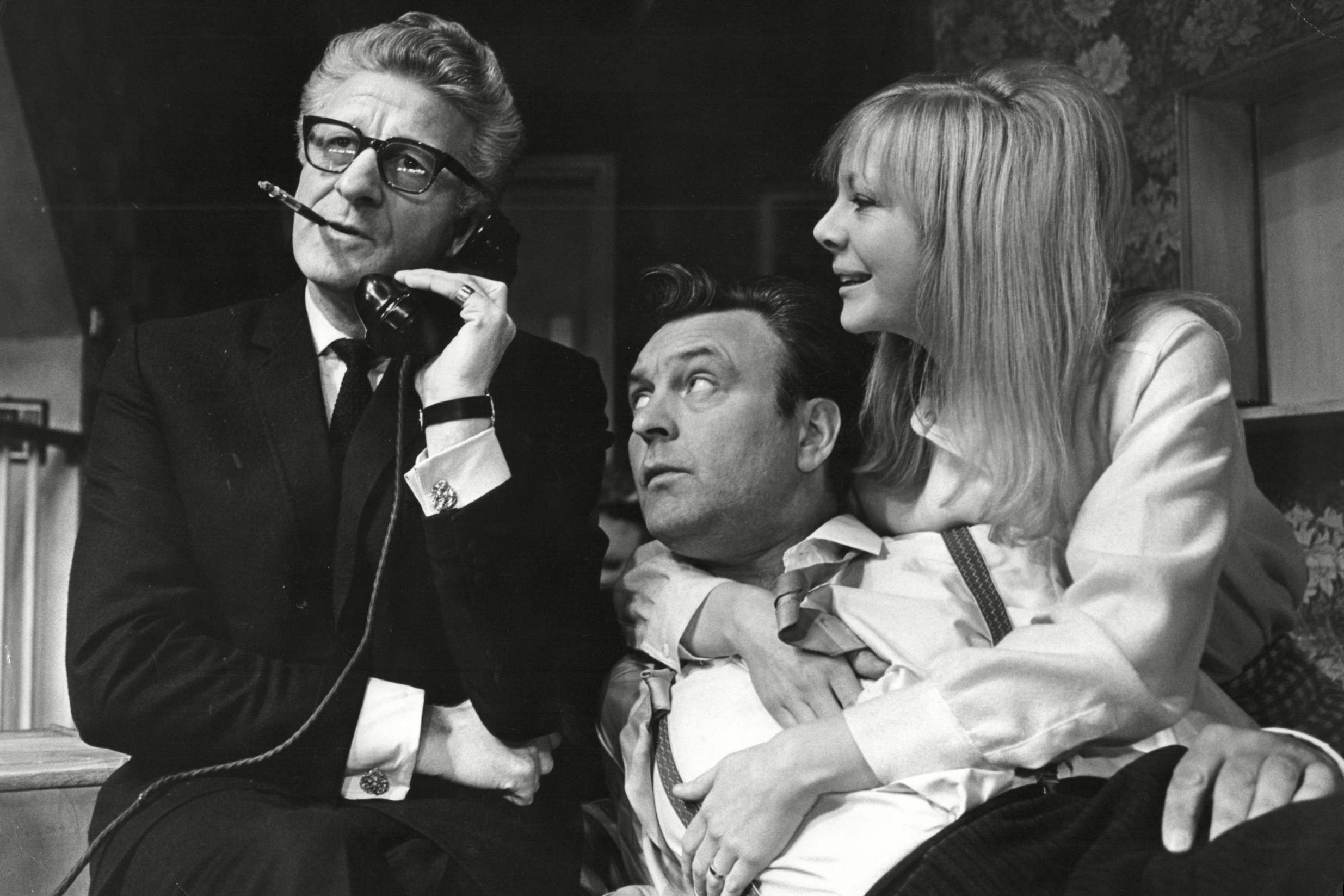 Rehearsals for the play 'There's a Girl In My Soup': (from left) Jon Pertwee, Donald Sinden and Barbara Ferris