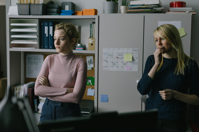 Julia Garner and Kitty Green on the set of The Assistant