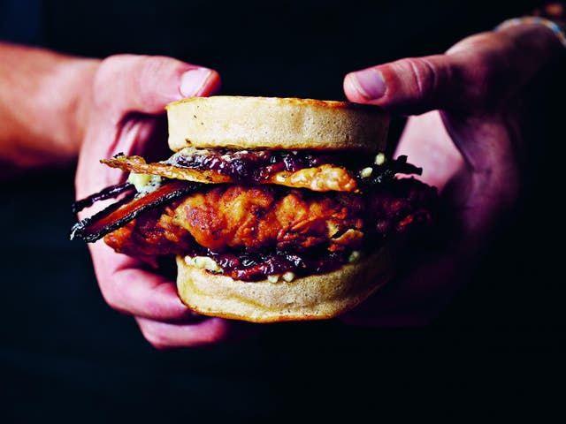 Buttermilk chicken breast and stilton butter crammed into a crumpet sandwich