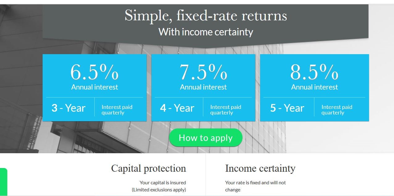 Blackmore Bond website February 2018 - 'simple fixed-rate returns with income certainty'