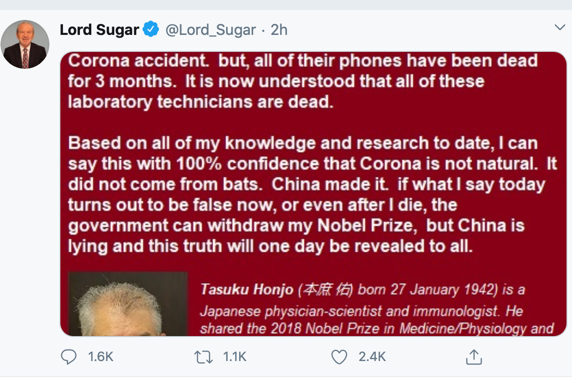 Alan Sugar’s tweet, which shared false conspiracies about Covid-19
