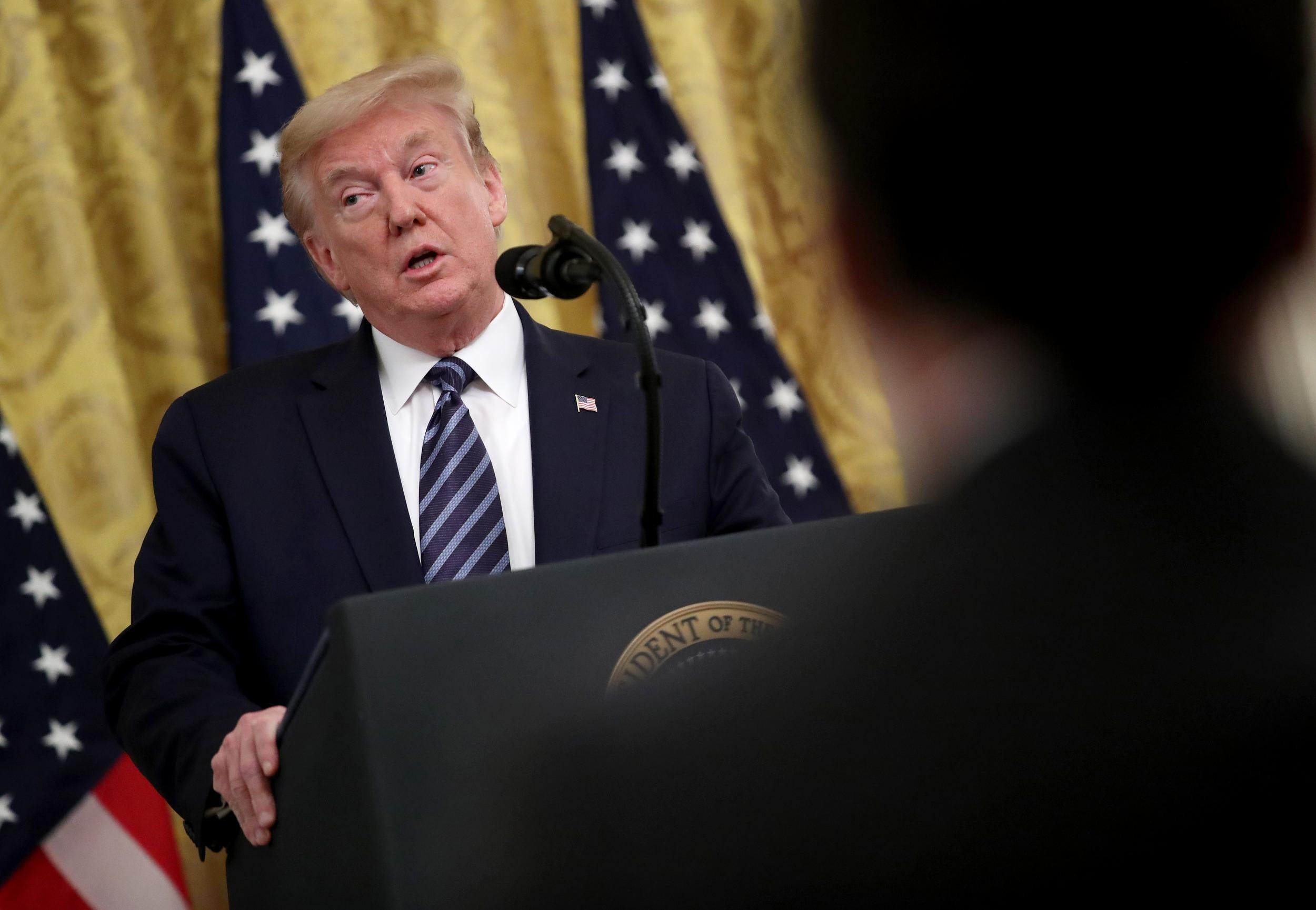 Donald Trump speaks during an event on protecting America’s senior citizens in the East Room of the White House on 30 April 2020