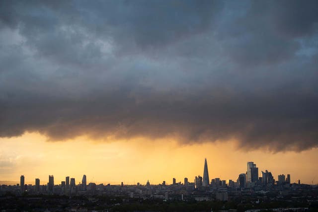 A rain cloud over the London skyline ahead of weekend of scattered showers