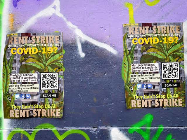 Posters referencing Covid-19 and a rent strike
