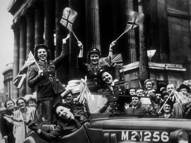 Members of the Auxiliary Territorial Service driving through Trafalgar Square during VE Day celebrations, 8 May 1945