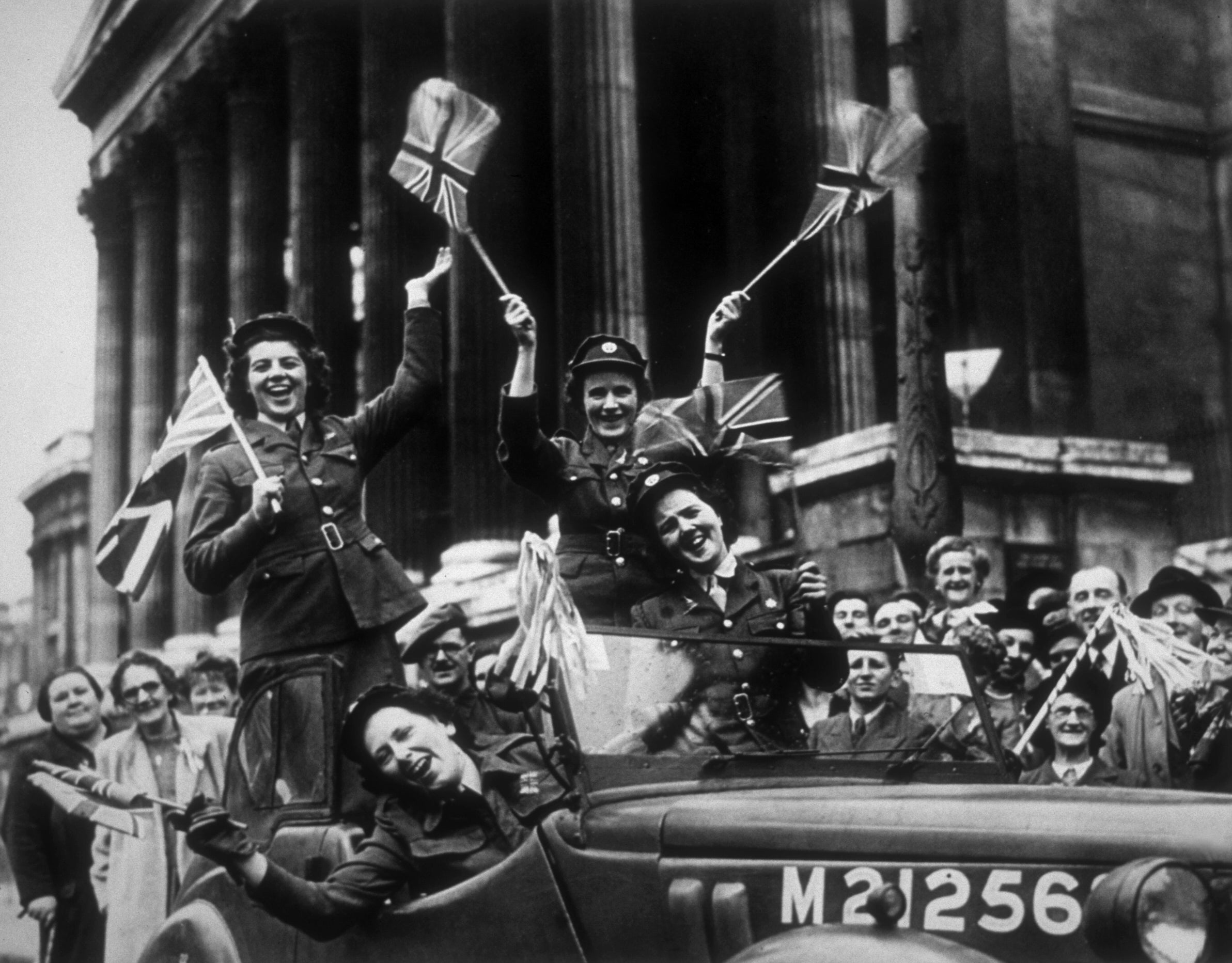 Members of the ATS driving through Trafalgar Square during VE Day celebrations in 1945