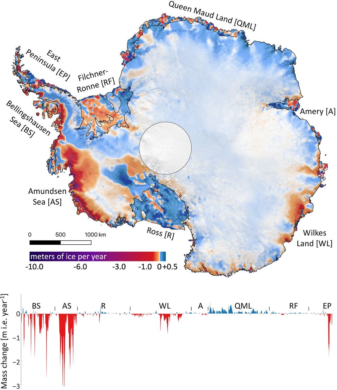 Ice mass loss from Antarctica from 2003 until 2019
