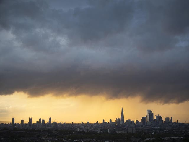 A rain cloud over the London skyline on 30 April, 2020.