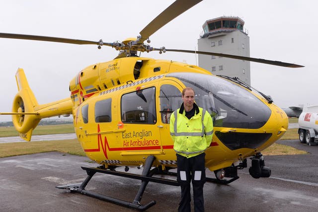 Prince William, The Duke of Cambridge as he begins his new job with the East Anglian Air Ambulance (EAAA) at Cambridge Airport on July 13, 2015 in Cambridge, England