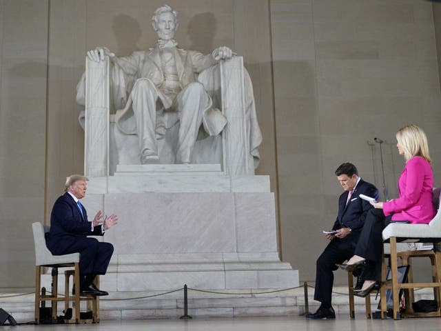 Donald Trump at a Fox News town hall in front of the Lincoln Memorial.