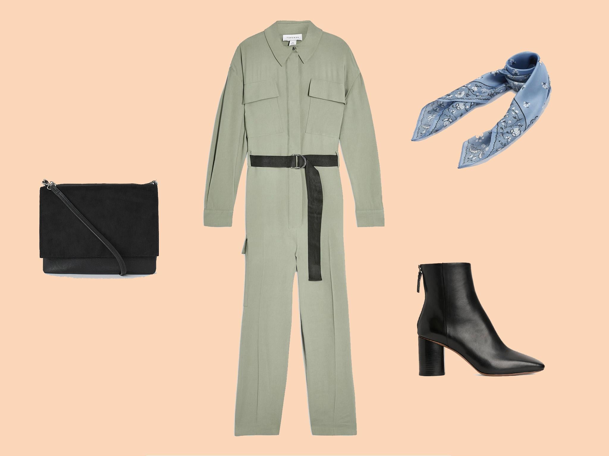 Shoulder Bag, £12.99, H&M; Khaki Belted Boiler Suit, £65, Topshop; Lisbon Blue Floral Print Square Hair Scarf, £18, Oliver Bonas; Square-Toe Leather Boots, £17, Arket