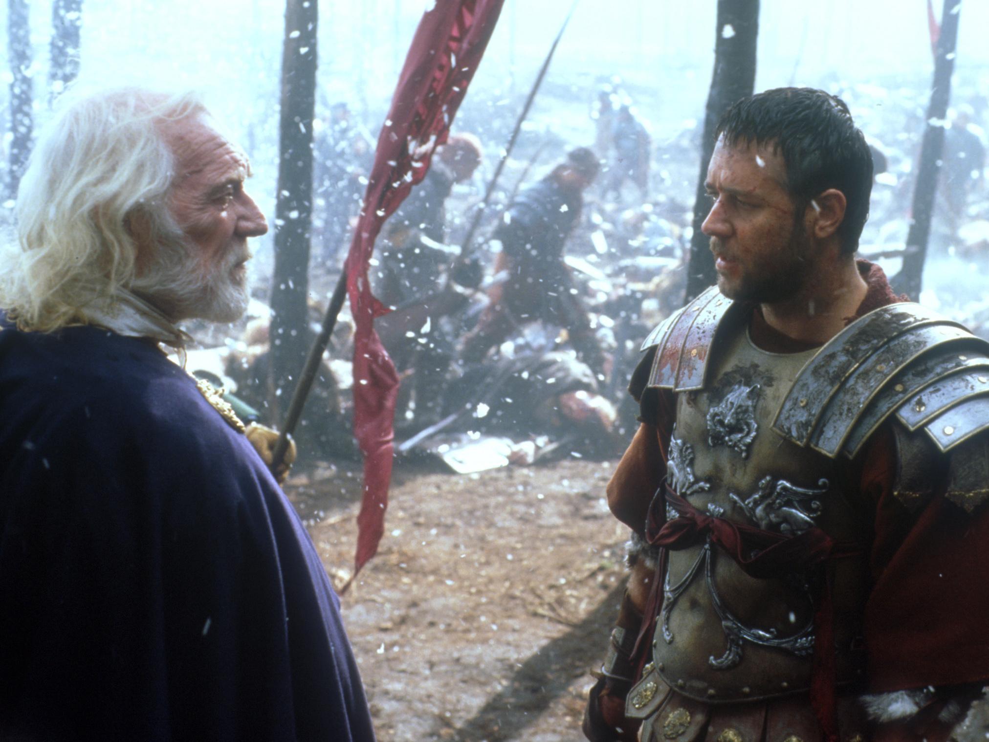 Marcus Aurelius (Richard Harris), the emperor of Rome, speaks to Maximus (Crowe)