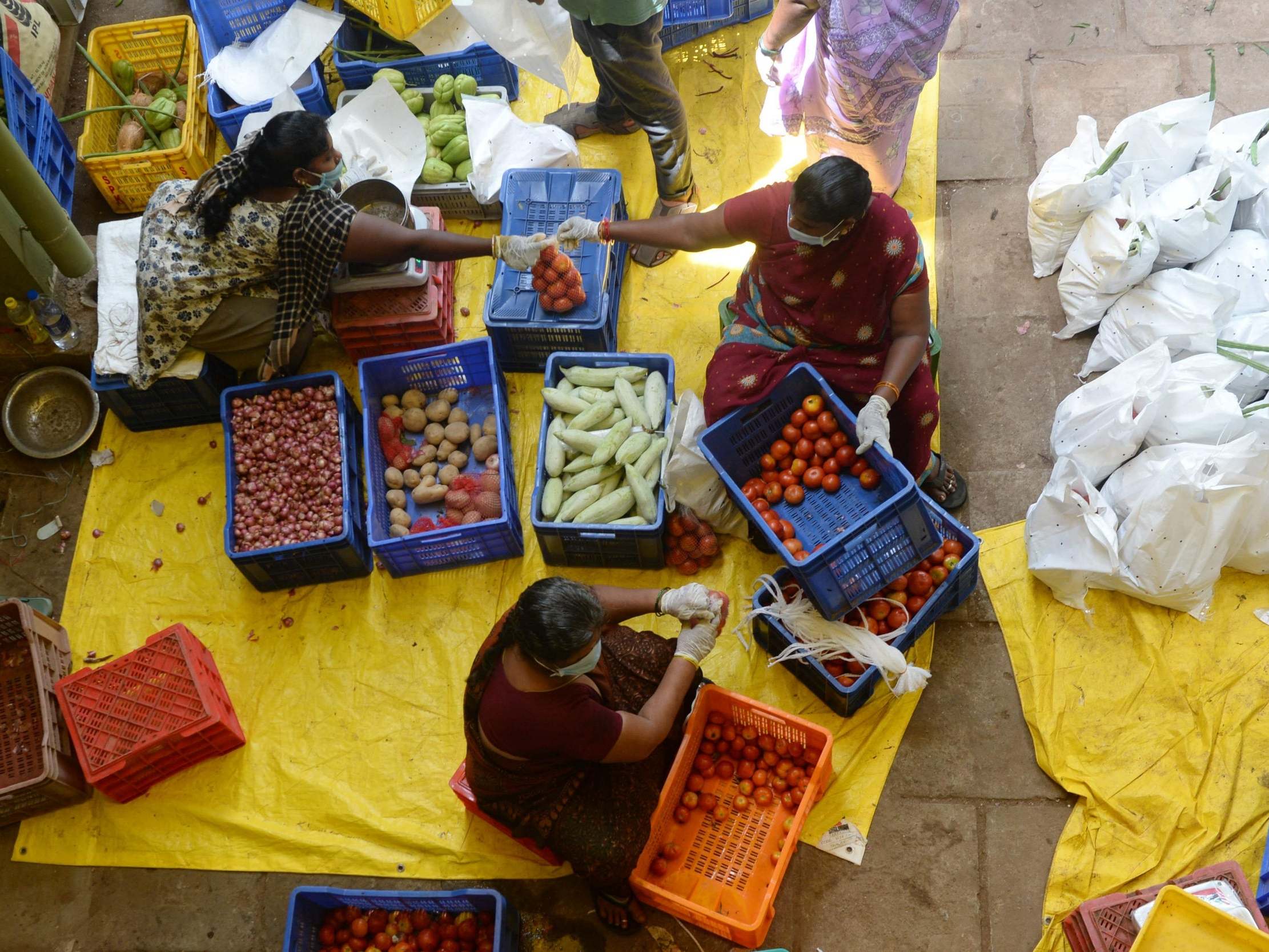 Workers wearing facemasks pack pre-ordered vegetables for distribution at the at Tamilnadu horticulture centre in Chennai