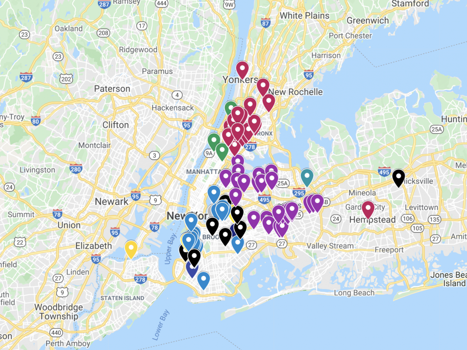 Map of live markets and urban slaughterhouses across New York City’s five boroughs and outlying areas