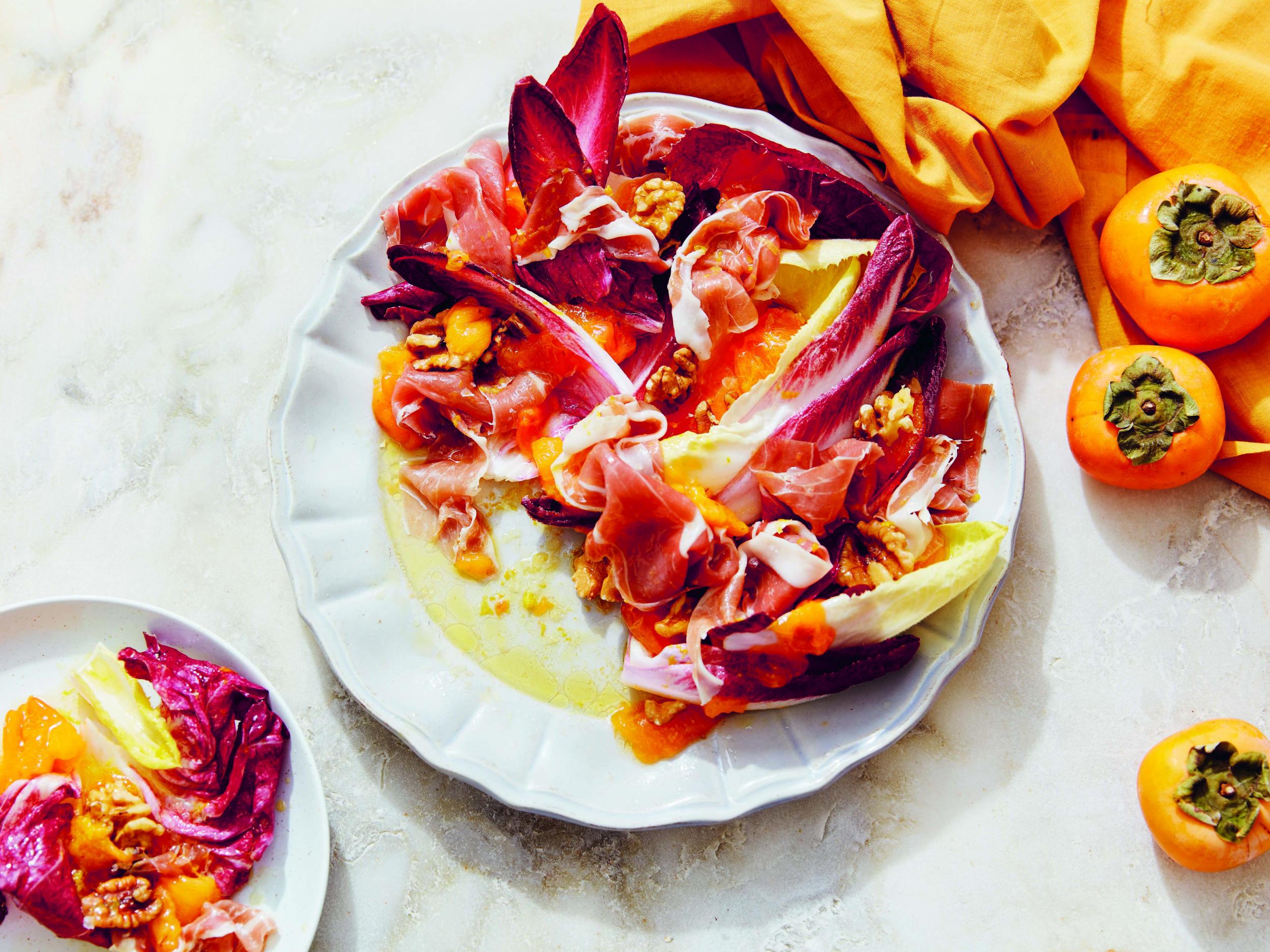 Salty prosciutto is the perfect foil to the sweetness of persimmon