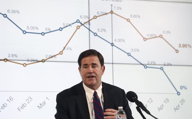 Arizona Republican Governor Doug Ducey speaks at a news conference regarding the latest updates on the coronavirus in Phoenix on Monday, 4 May, 2020