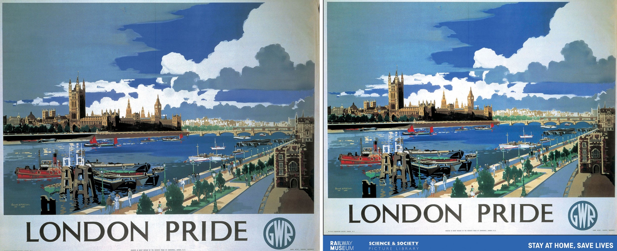 An original railway travel poster (left) with a reimagined poster (right) designed to show support for key workers, including those working in the rail industry