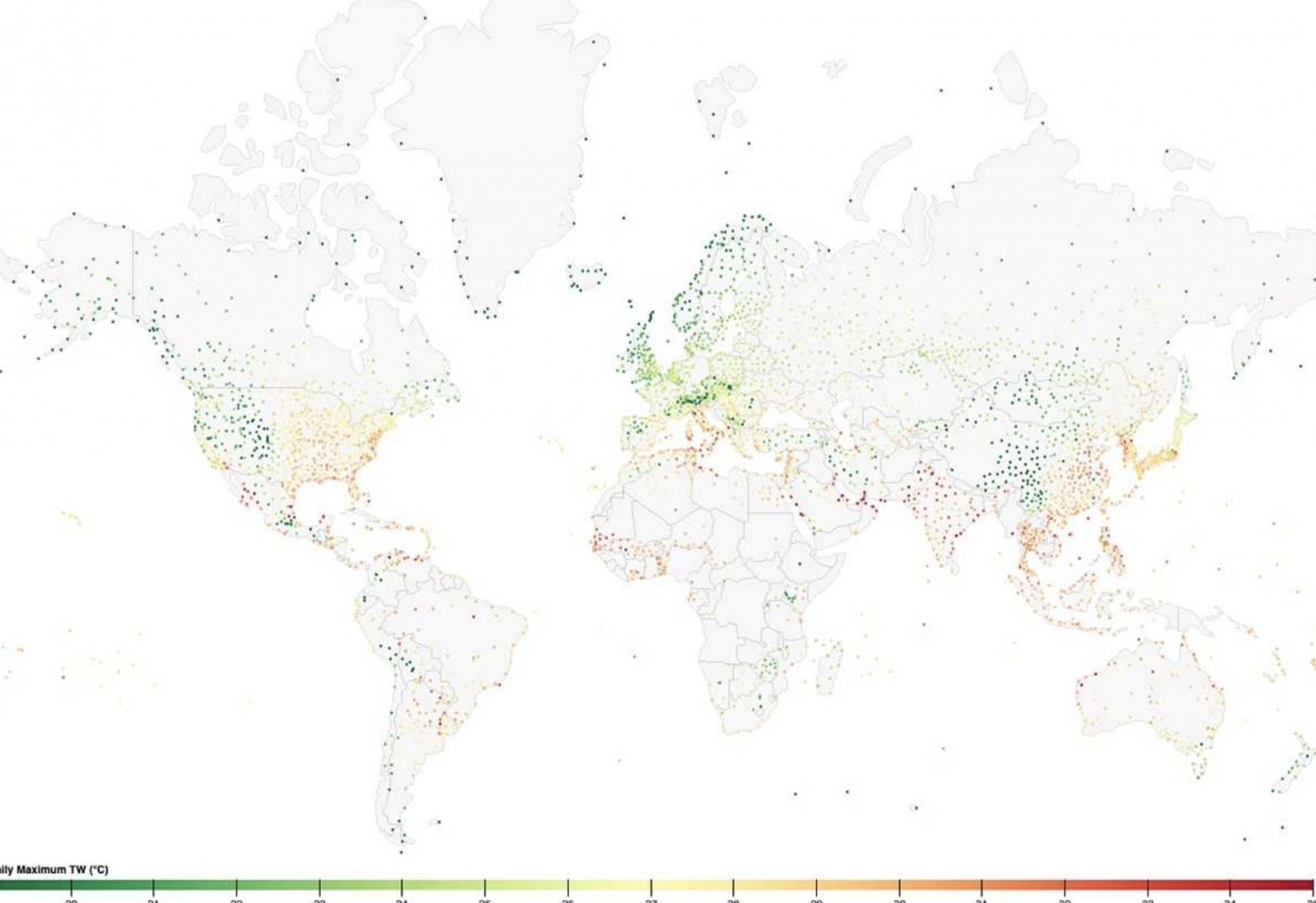 Observed locations of global extreme humidity and heat