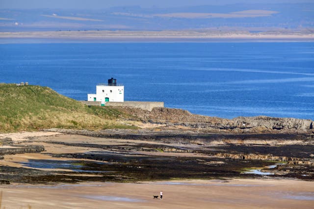 A dog walker on Bamburgh Beach, Northumberland near Stag Rock on a sunny day in the North East.