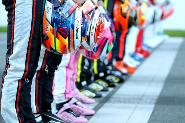 A detailed view as drivers line up on the grid for a photo