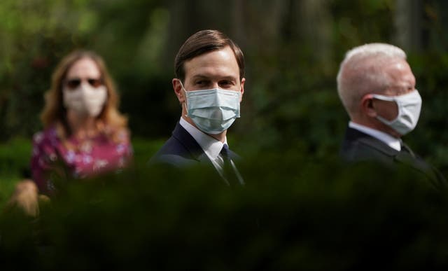Jared Kushner, Donald Trump's son-in-law and senior aide, wearing a mask during an address by the president in the Rose Garden