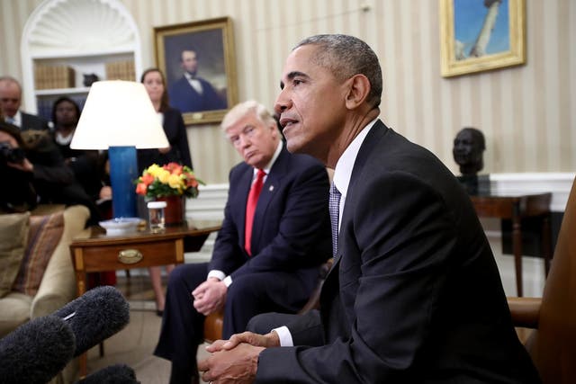 Barack Obama hosts incoming president Donald Trump in the Oval Office of the White House in December 2016