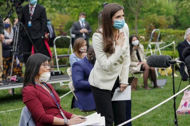 Weijia Jiang, left, of CBS and Kaitlan Collins of CNN ask questions of Donald Trump during a news conference in the Rose Garden of the White House. Following the exchange the president abruptly ended the briefing and walked away