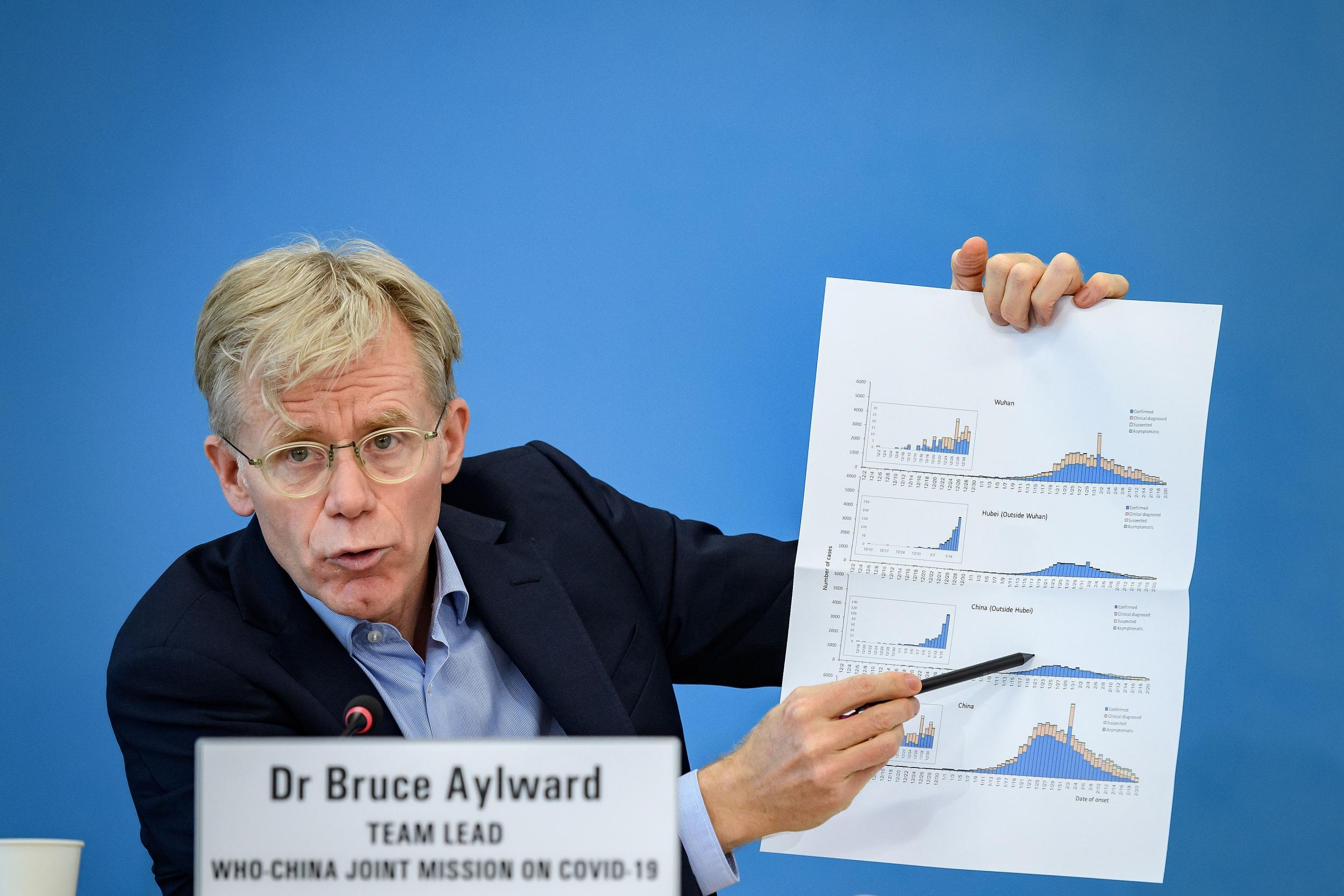 WHO senior advisor Bruce Aylward shares graphics during a press conference in February