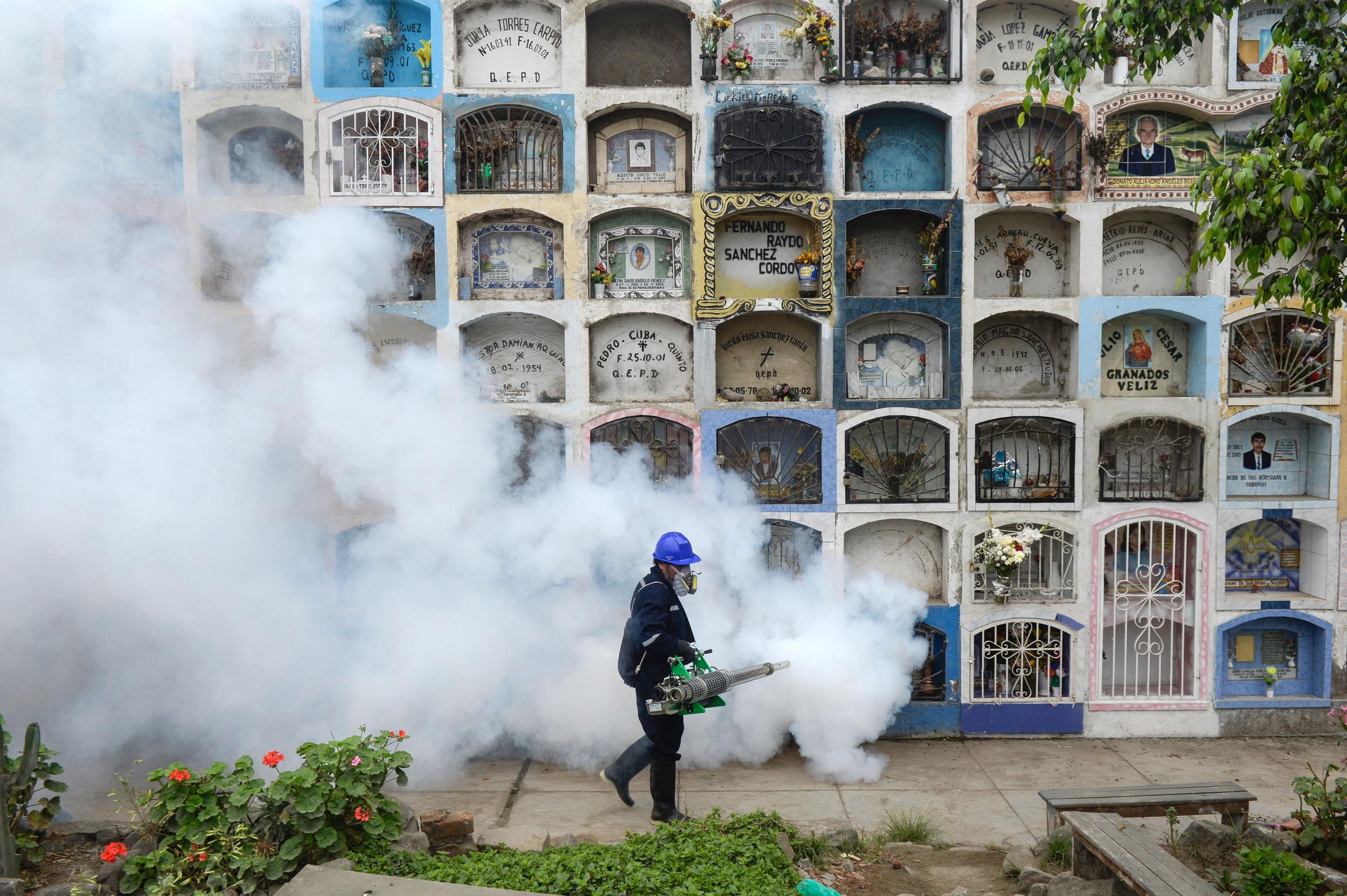 A specialist fumigates the Nueva Esperanza graveyard outside Lima in 2016 to prevent the spread of Zika virus