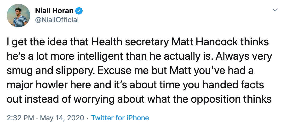 Horan’s tweet about health secretary Matt Hancock