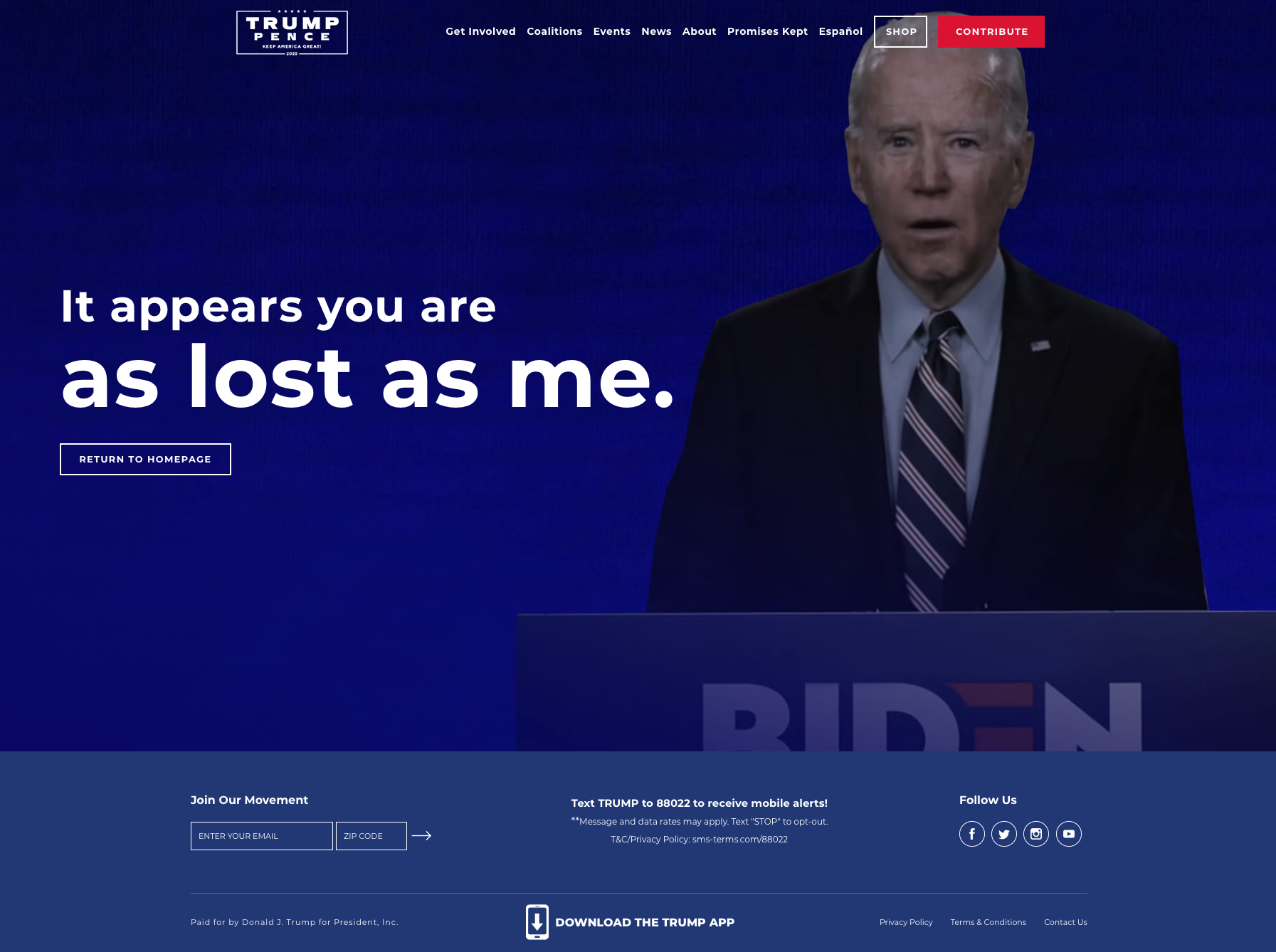 The 404 error page on the Trump campaign website