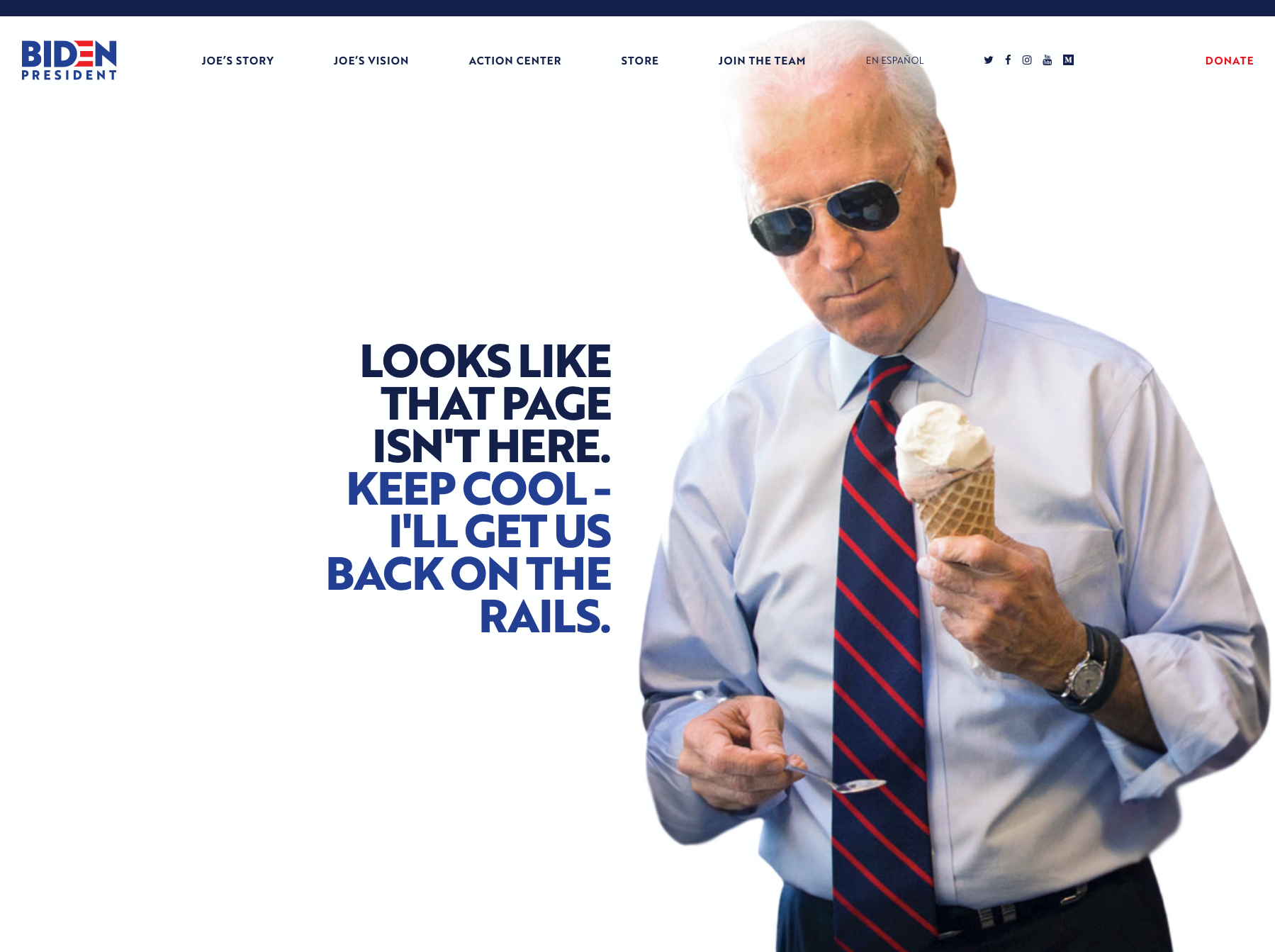 The 404 error page on the Biden Campaign website is in keeping with the tone being put out by the Occupy Democrats group