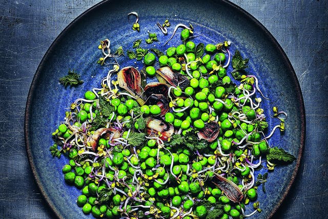 Toast peas in the pods for 10 minutes on the barbecue along with spring onions for this salad
