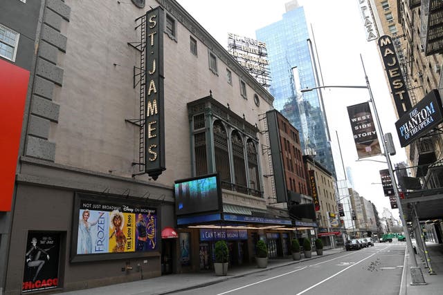 The 'Frozen' musical played at New York City's St James Theatre, which shut down in March due to the coronavirus pandemic (pictured on 8 April 2020).
